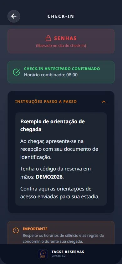 Tela de instruções de check-in do app Tagse com reserva demonstrativa DEMO2026