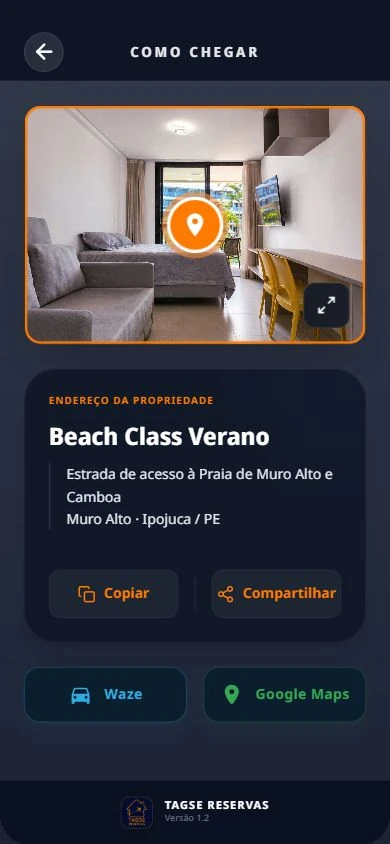 Tela real do app Tagse Como Chegar, com endereço do Beach Class Verano e atalhos de mapas