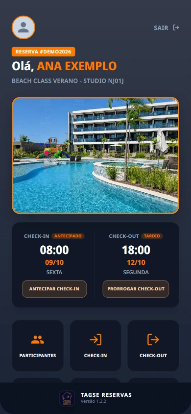 Tela principal do app Tagse com dados fictícios da reserva DEMO2026, horários e atalhos para a estadia