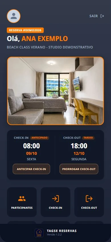Tela real do app Tagse com nome fictício Ana Exemplo, reserva DEMO2026 e horários do pacote