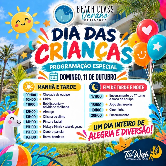 Arte oficial da programação do Dia das Crianças no Beach Class Verano, domingo, 11 de outubro, das 9h às 20h